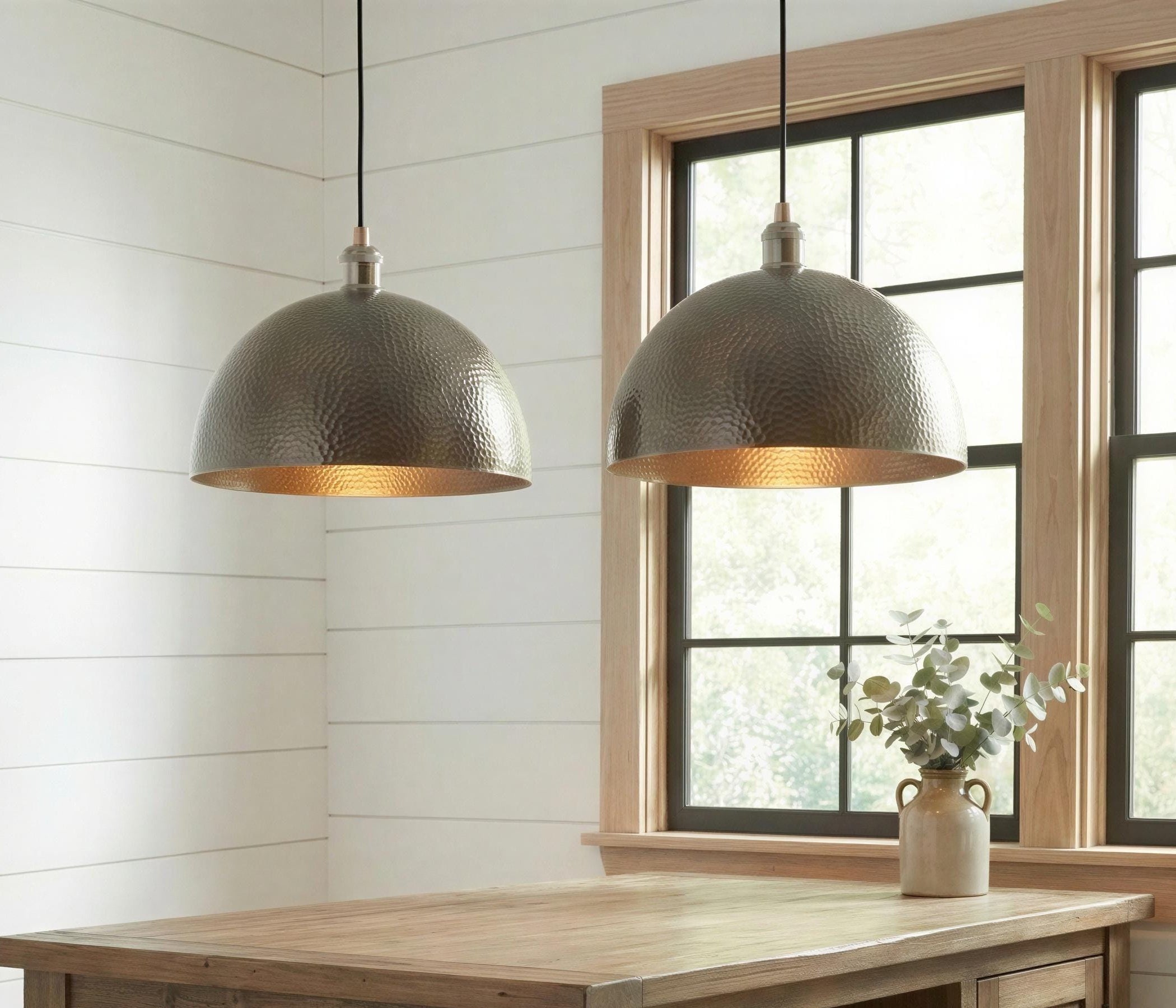 Set of 2 Bronze Pendant Lights, Antique Hand Hammered Metal Dome Lamps