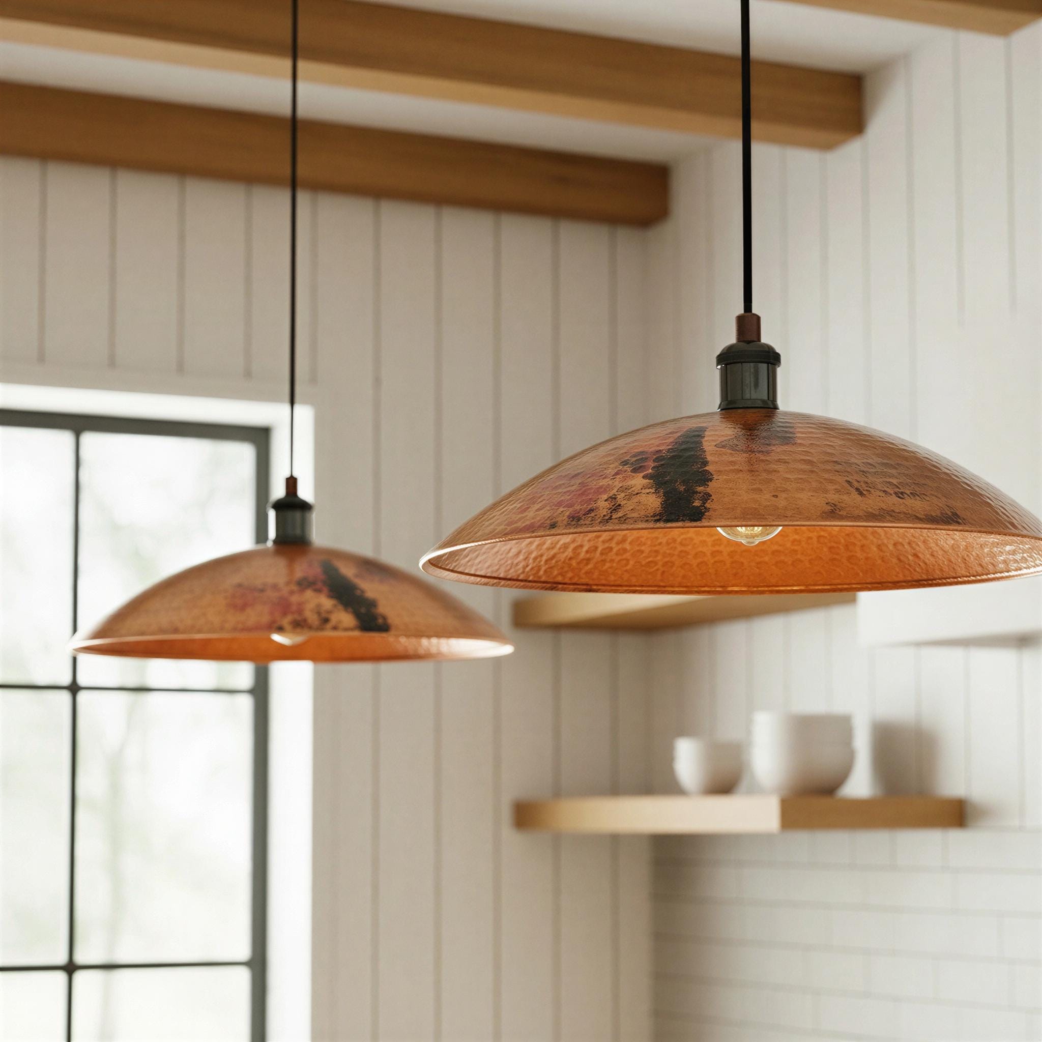 Set of 2 Aged Copper Pendant Light, Two Hanging Ceiling Fixture for Rustic Farmhouse Kitchen Island