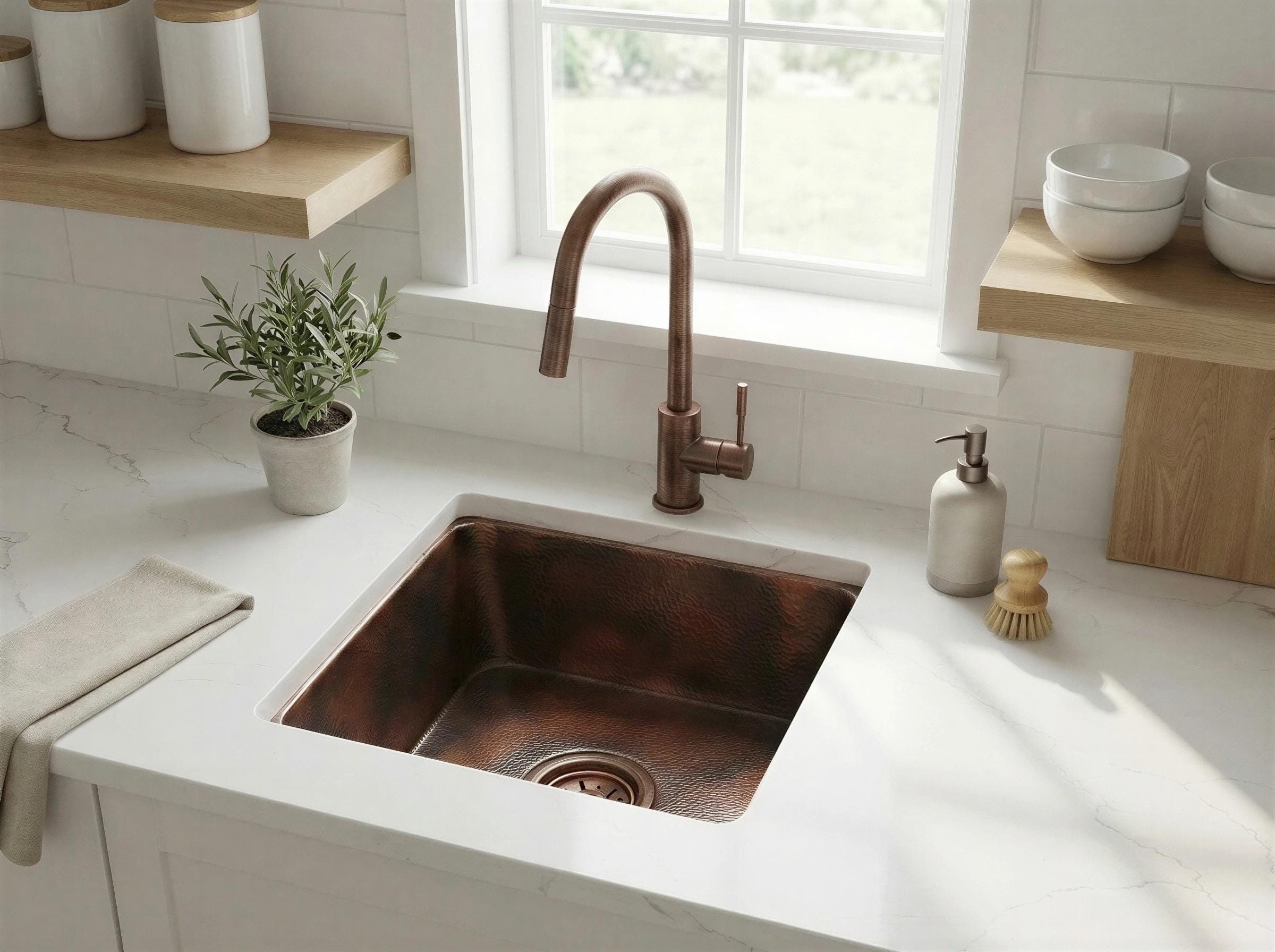 Undermount Copper Bar Sink, Drop-in Square Hammered Basin, Aged Copper Kitchen Prep Sink