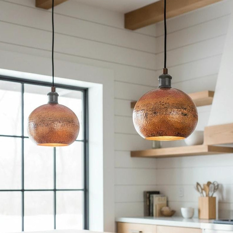 Set of 2 Handcrafted Copper Dome Pendant Light, Two Hanging Ceiling Fixture for Rustic Farmhouse Kitchen Island, Round Copper Light Fixture