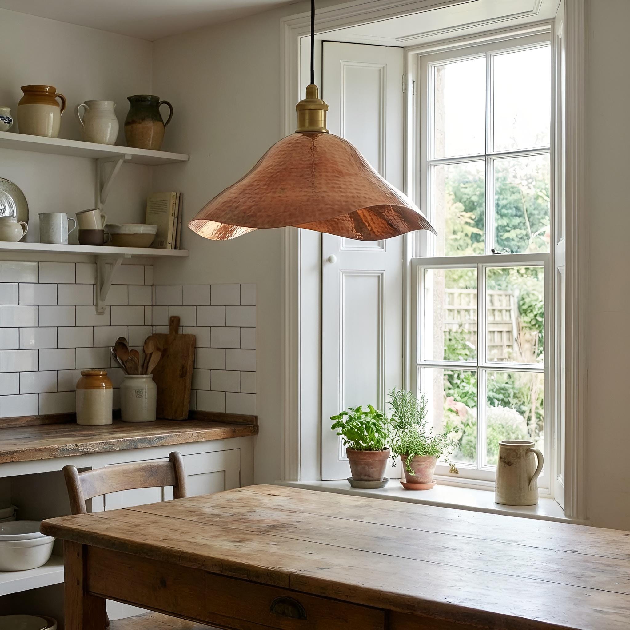 Wavy Hammered Copper Pendant Light, Handmade Copper Kitchen Island Lighting, Organic Flower Shade