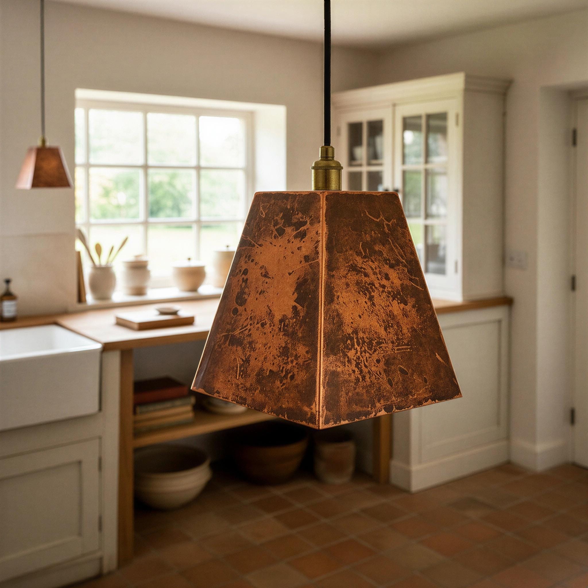 Rustic Copper Pyramid Pendant Light, Handcrafted Farmhouse Kitchen Island Lighting, Aged Copper Square Shade