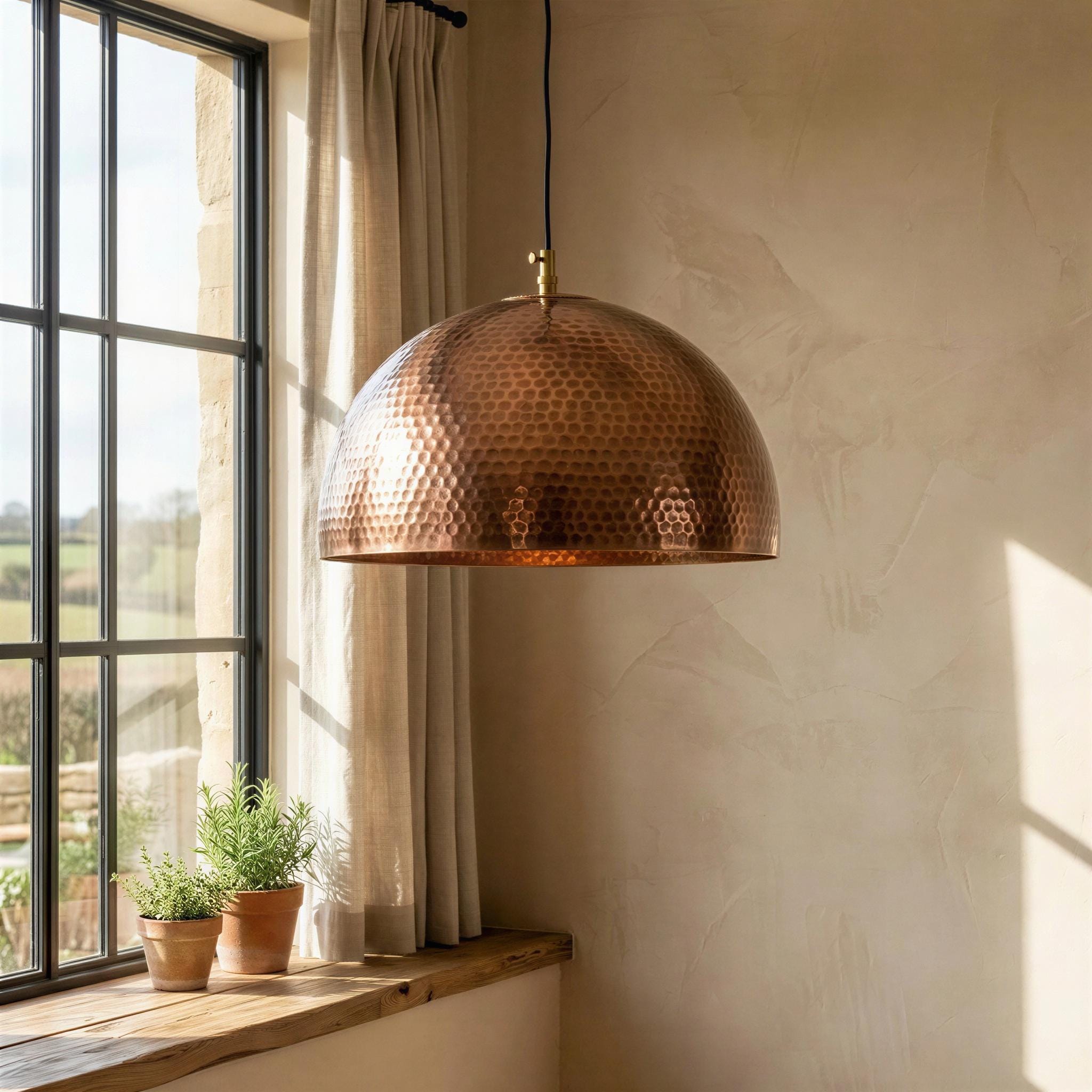 Hammered Copper Dome Pendant, Round Rustic Farmhouse Kitchen Island Lamp