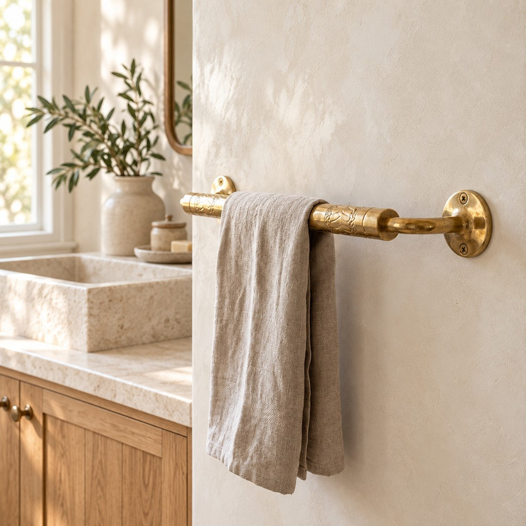 Etched solid brass towel bar with natural linen towel beside a stone sink