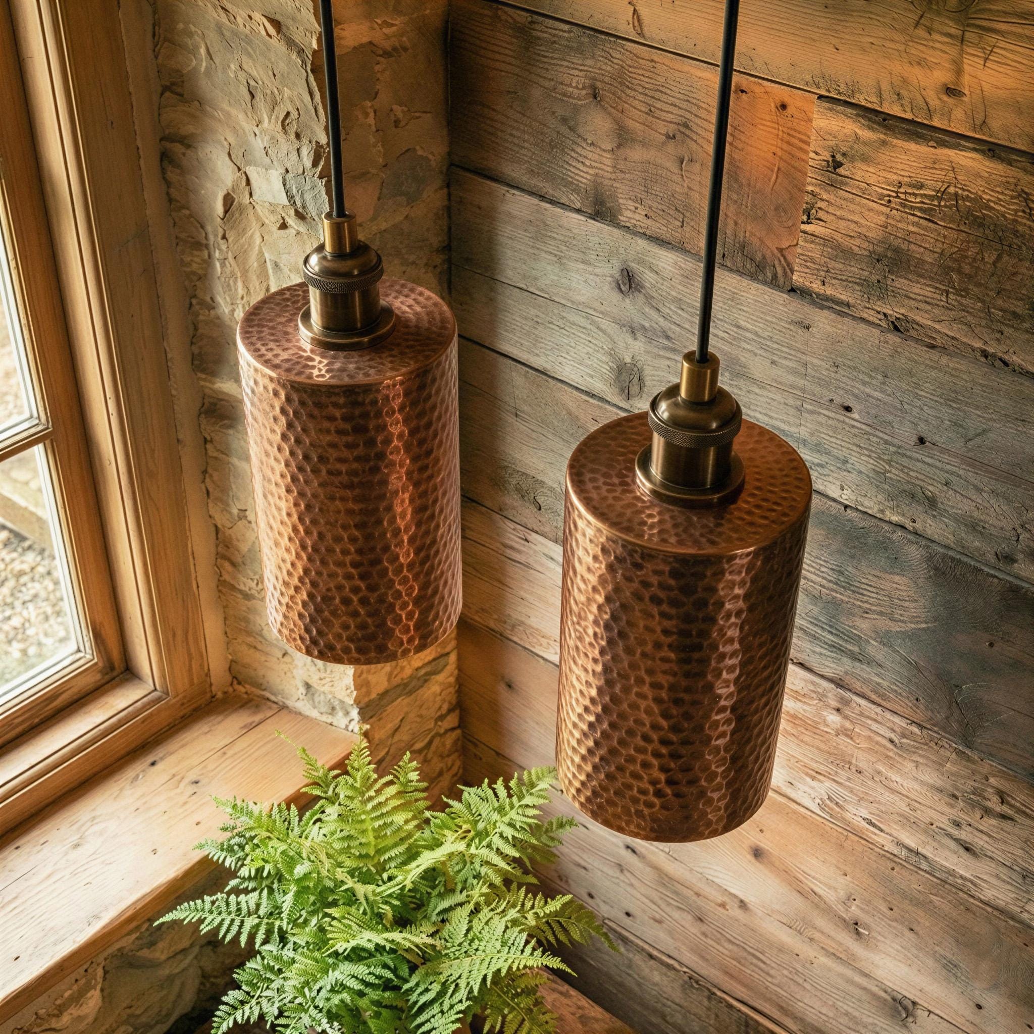 Set of Two Rustic Farmhouse Cylinder Lamps | Handcrafted Hammered Copper Pendant Lights