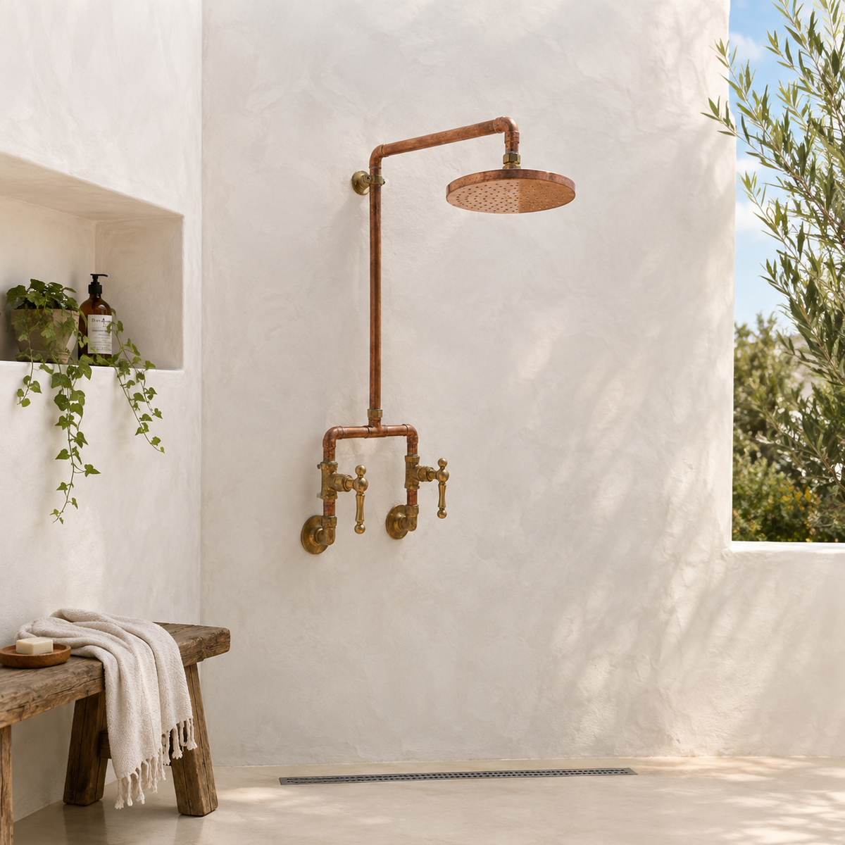 Exposed-Pipe Rain Shower System with Lever Handles - bathroom installation view 2