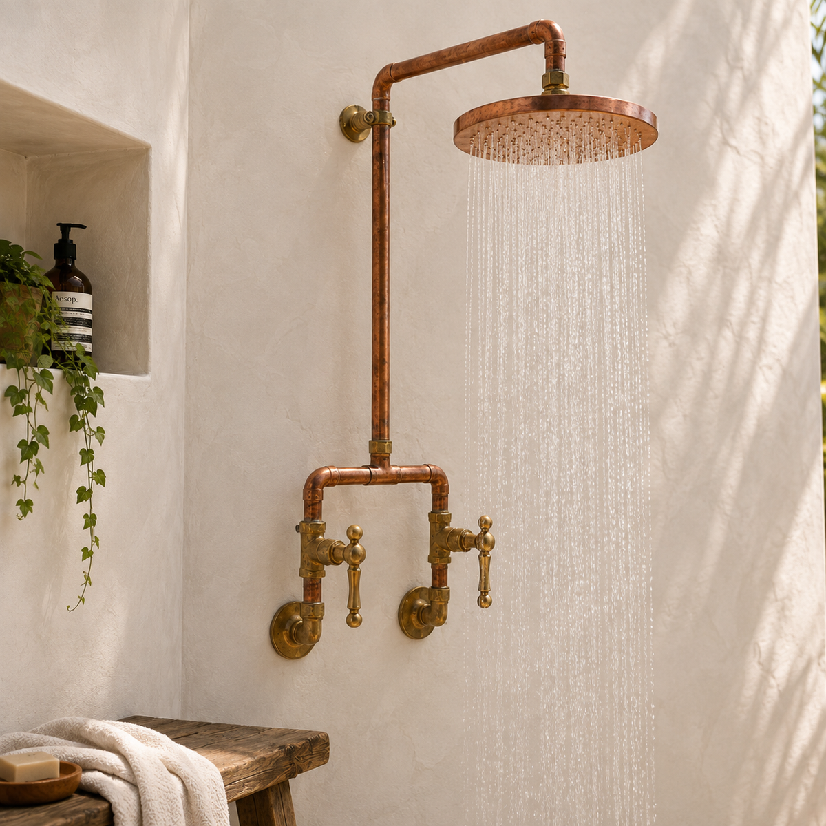 Exposed-Pipe Rain Shower System with Lever Handles - bathroom installation view 1