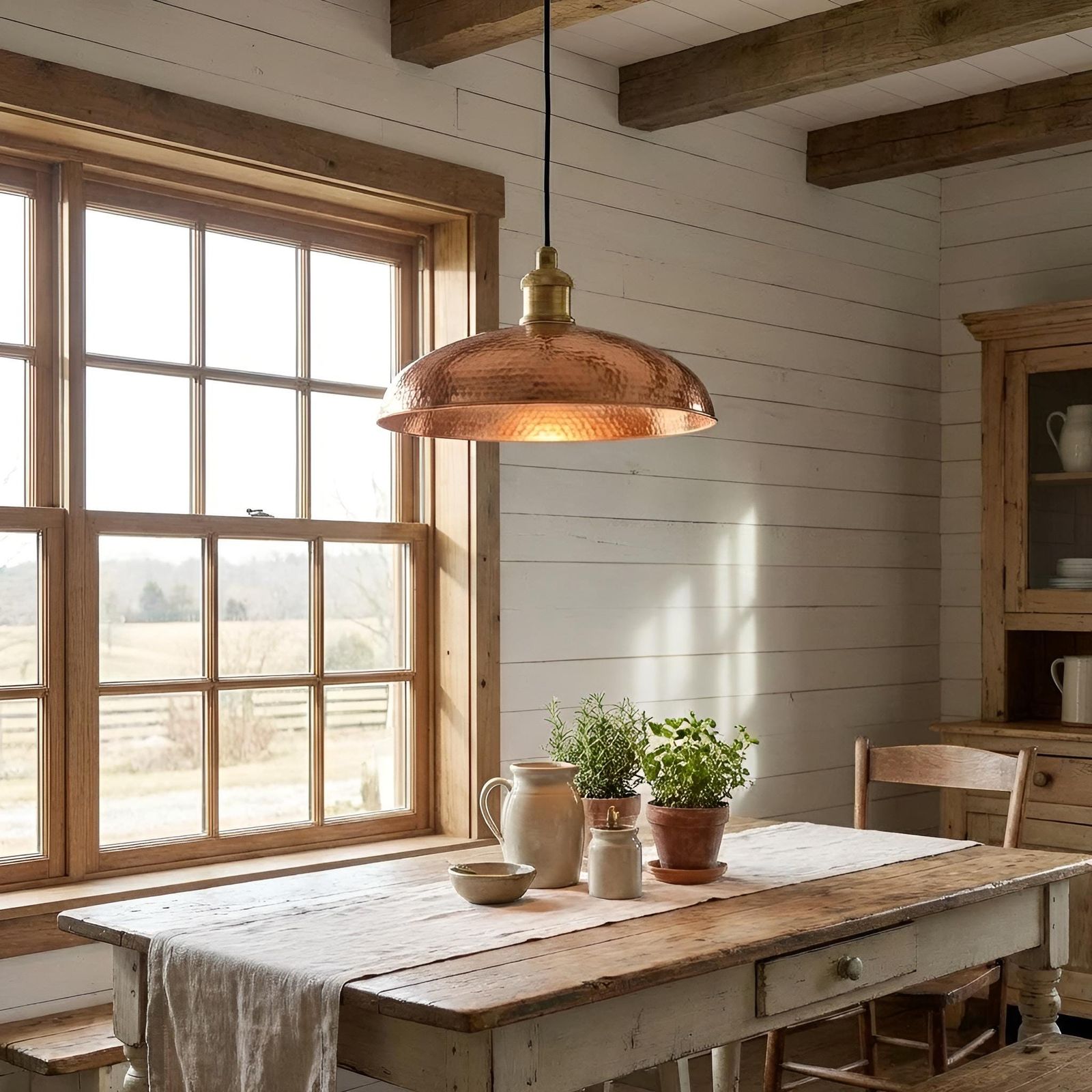 A hammered copper pendant light hangs over a rustic wooden dining table in a bright, white-shiplap room with exposed wood beams and a large window.