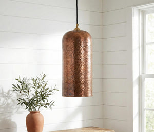 Copper pendant light hanging in a room with a plant and wooden surface.