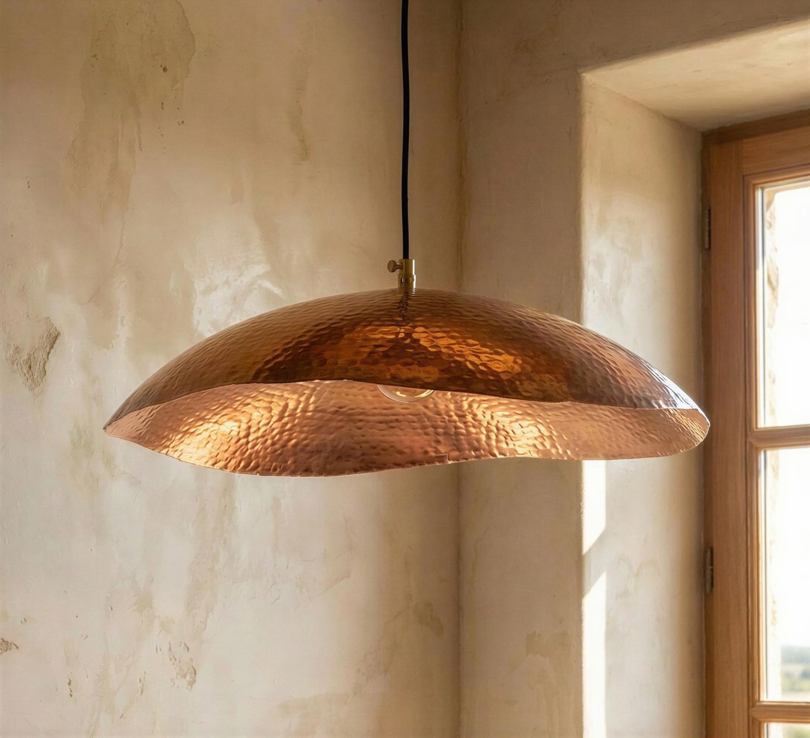 Copper pendant light hanging in a room with a window and textured wall.