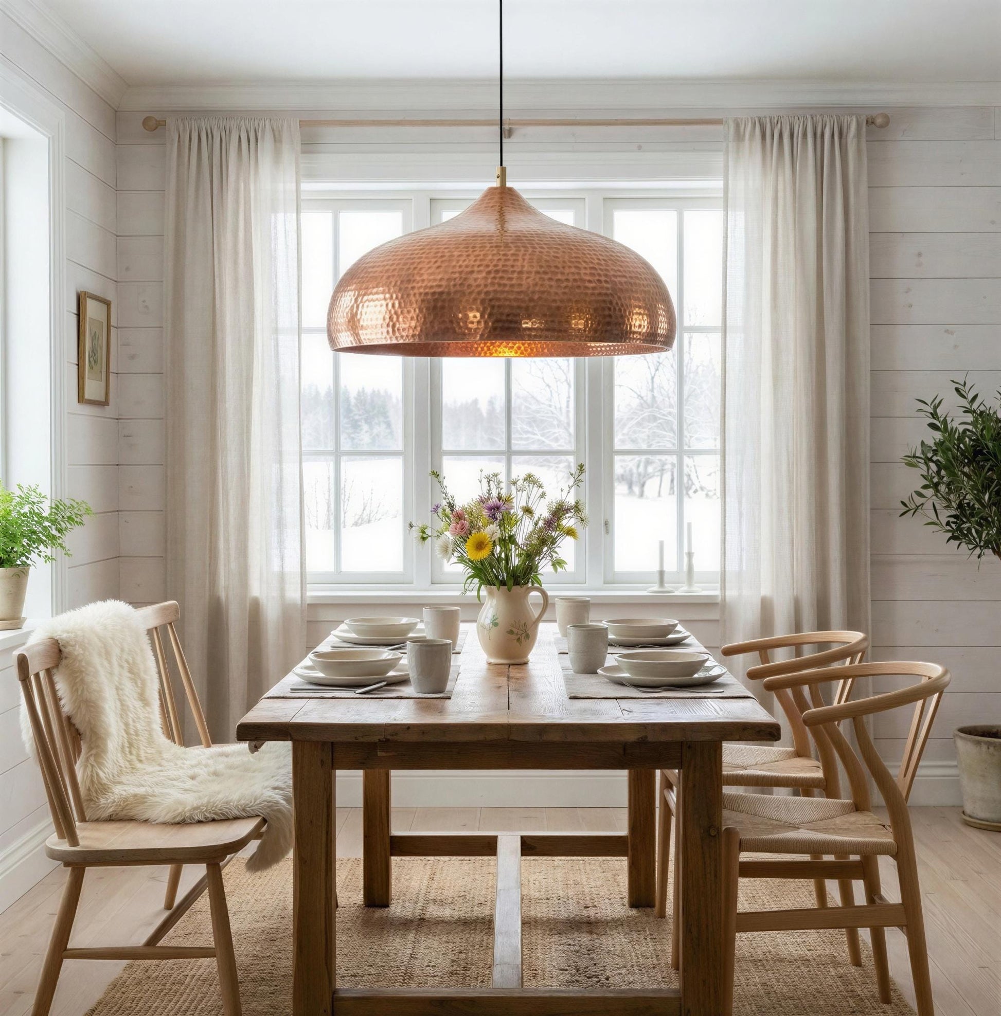 Dining room with wooden table, chairs, and a copper pendant light.