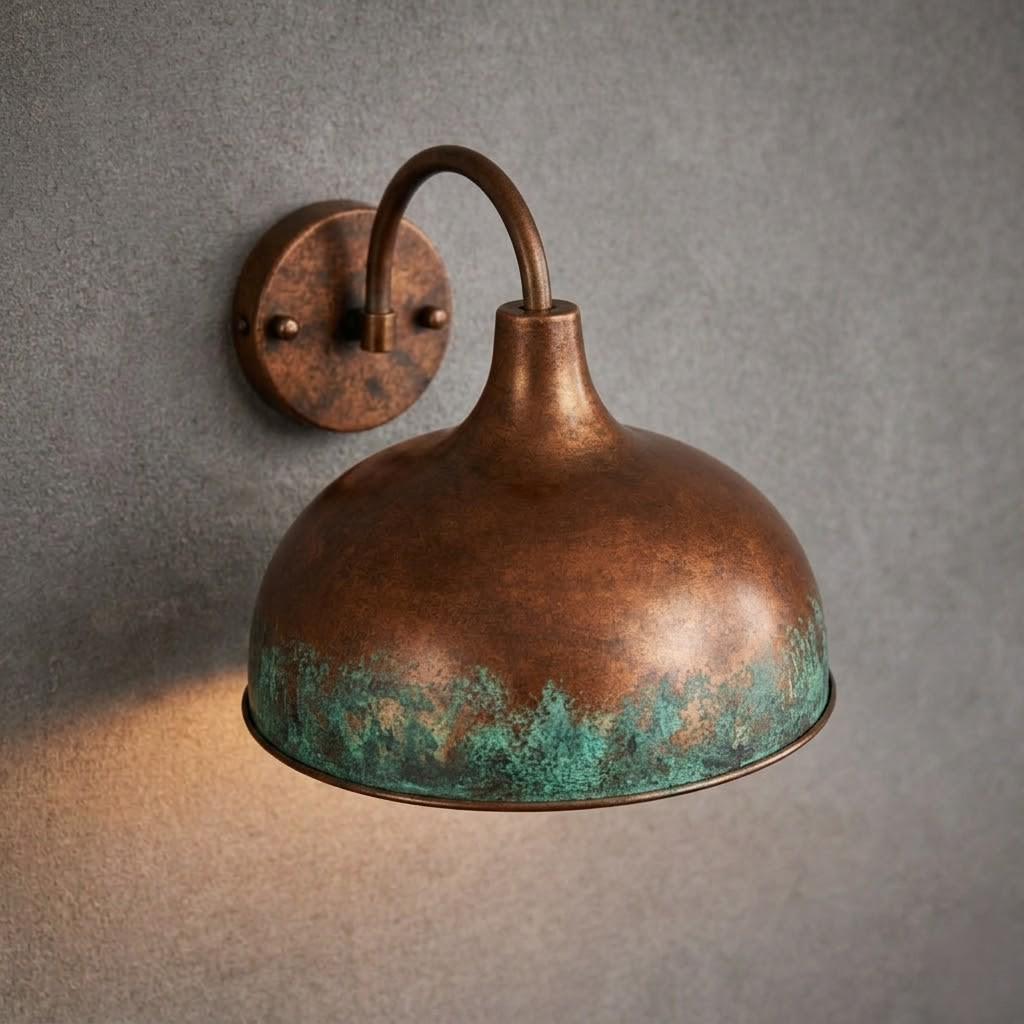 A vintage-style dome wall sconce with a distressed copper/bronze finish and turquoise verdigris patina along the lower rim, mounted on a textured gray wall.