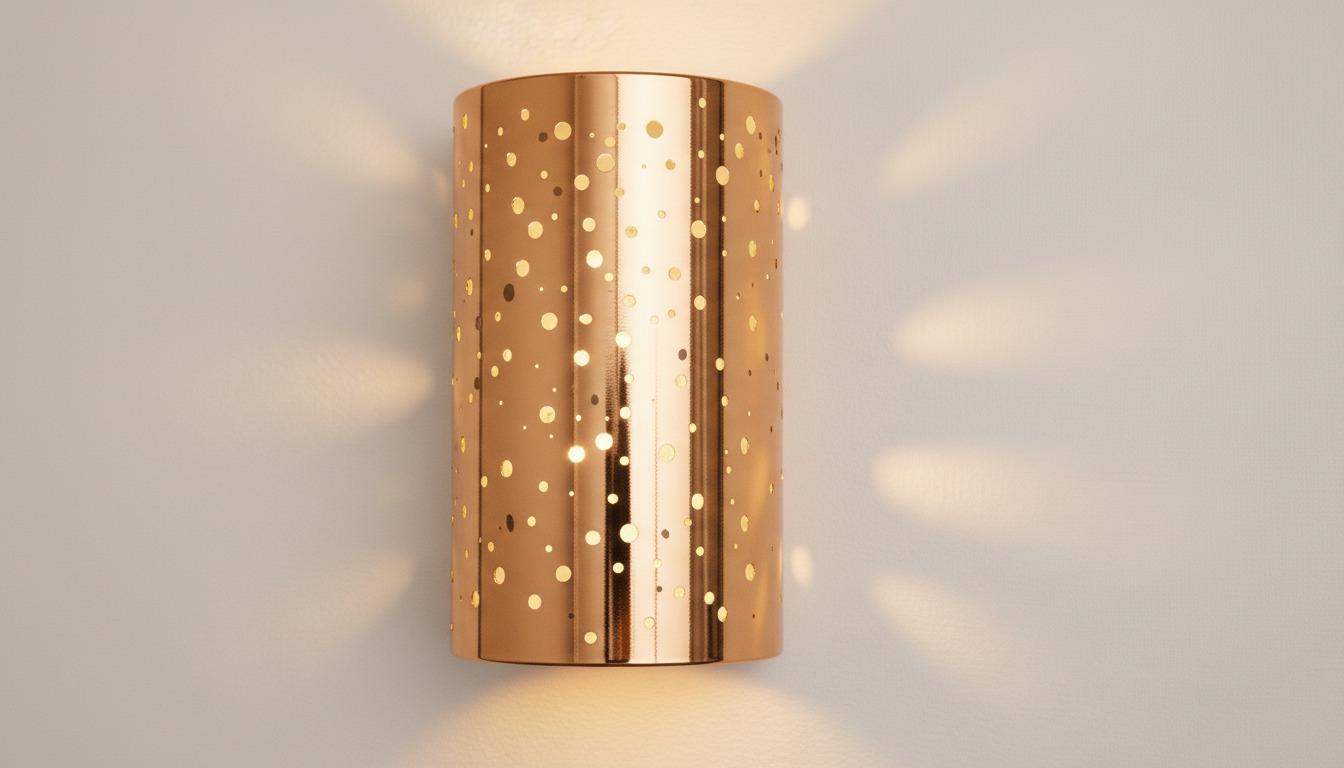 A cylindrical wall sconce with a metallic rose gold finish and laser-cut circular cutouts, casting a warm glow and dappled light pattern on a light gray wall.