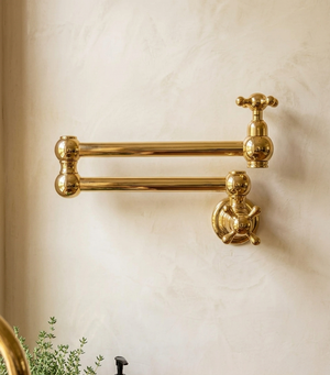 A polished brass pot filler mounted on a textured beige wall, with a small plant visible in the lower-left corner.