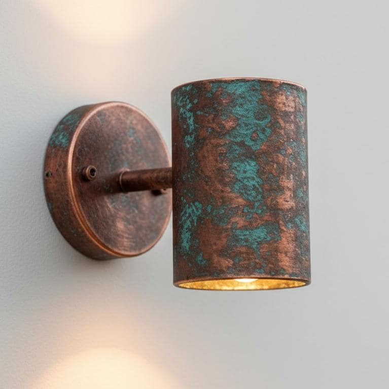 A wall-mounted copper sconce with a cylindrical shade featuring a distressed patina in copper and teal-green tones, illuminated against a light gray wall.