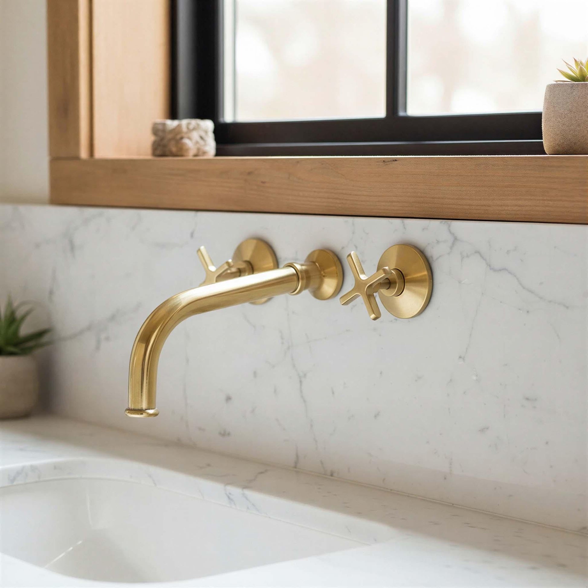 Gold faucet on a marble wall with a window in the background