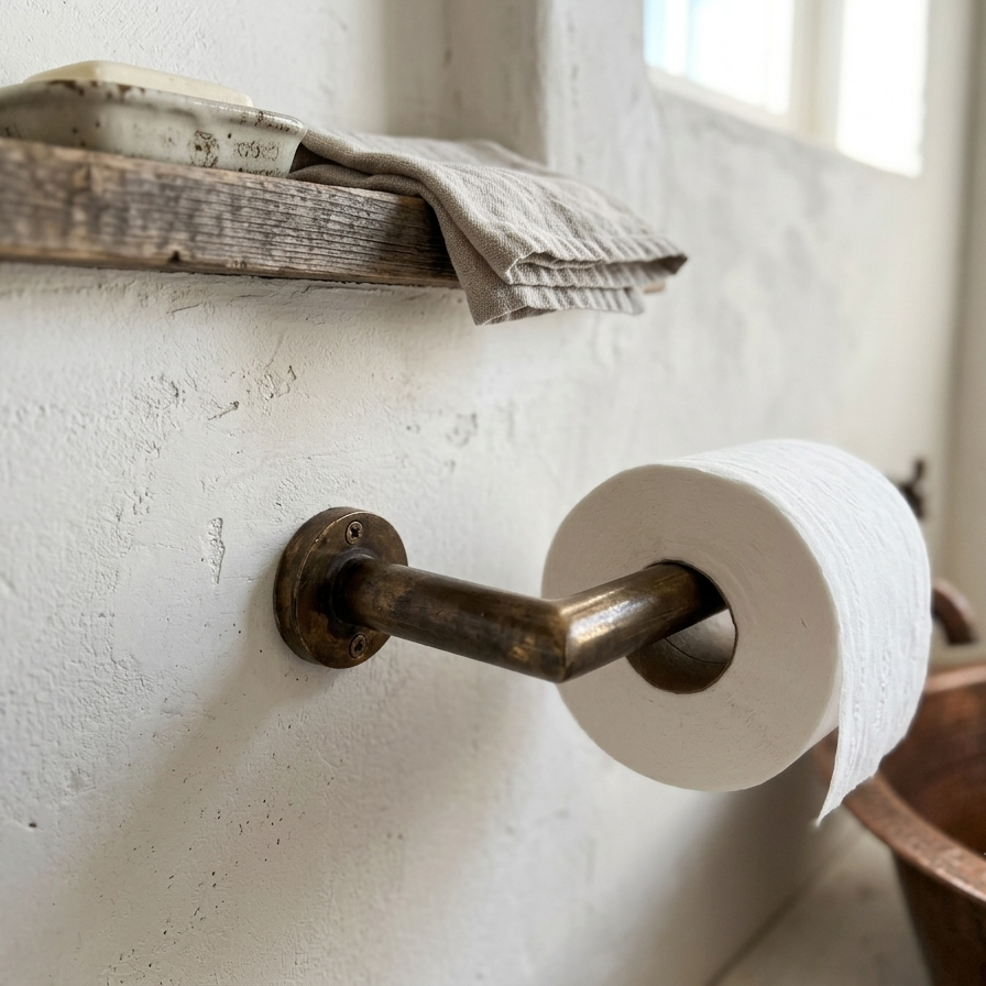A close-up of a bathroom wall-mounted brass toilet paper holder with a white roll of toilet paper, mounted on a textured white plaster wall next to a rustic wooden shelf.