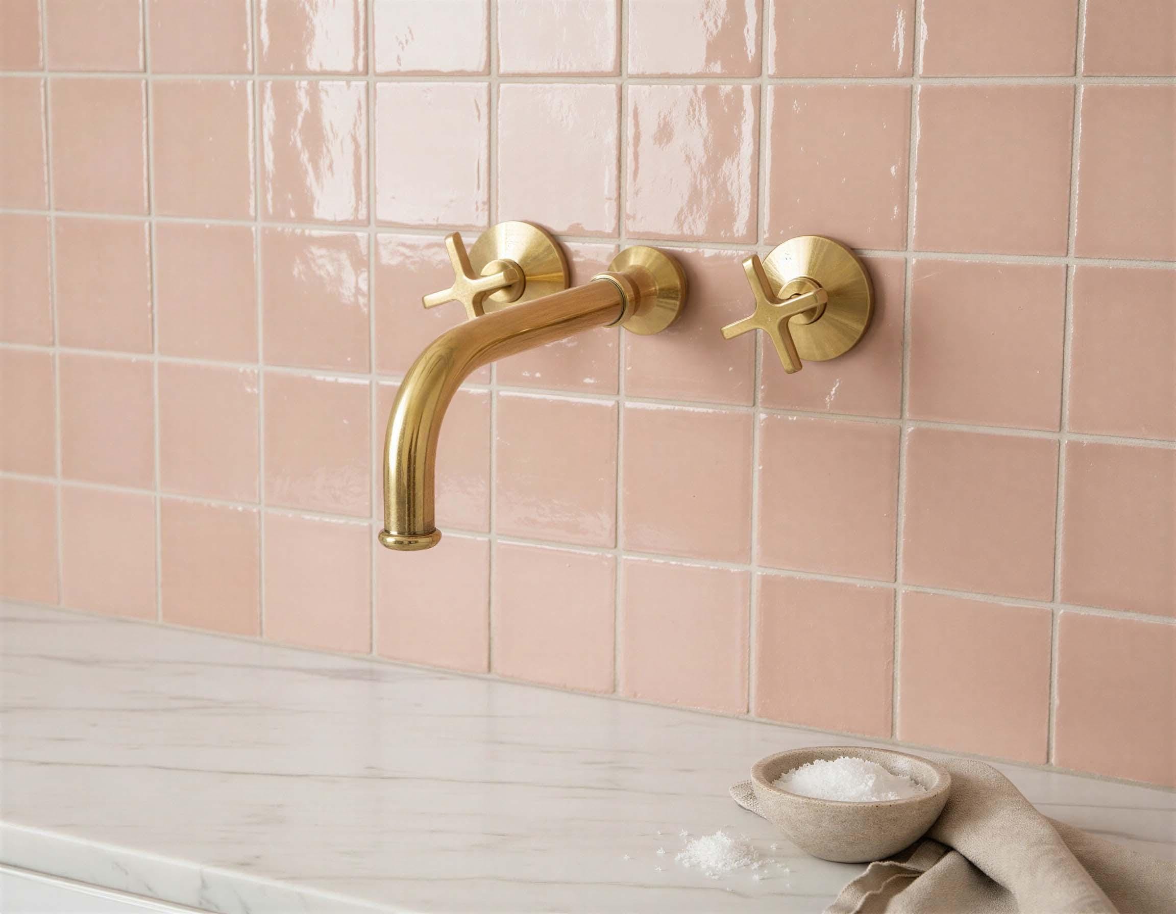 Gold faucet on a pink tiled wall with a bowl of salt on a marble surface.
