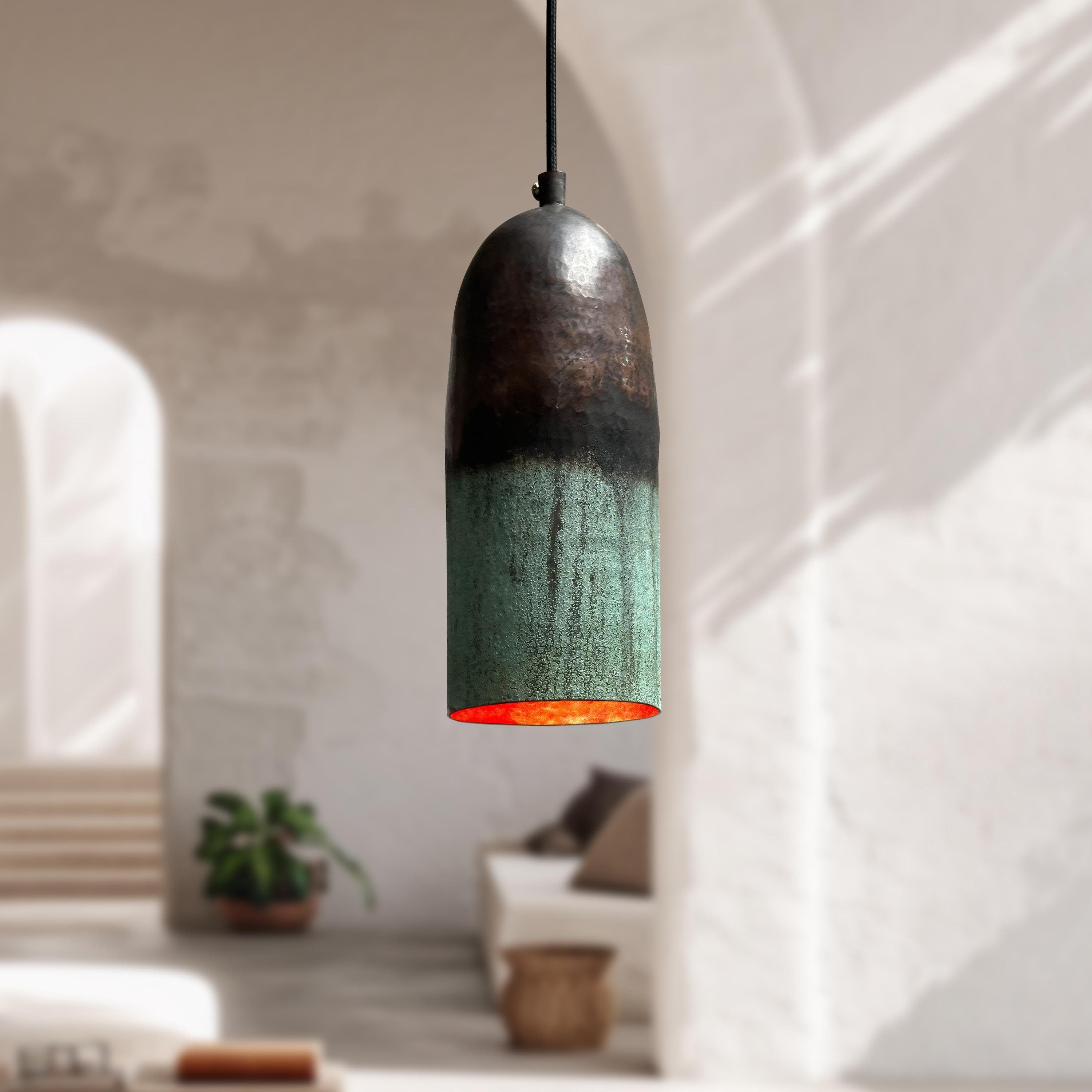 Handmade Oxidized Copper Pendant Light – Green Patina Farmhouse Ceiling Fixture