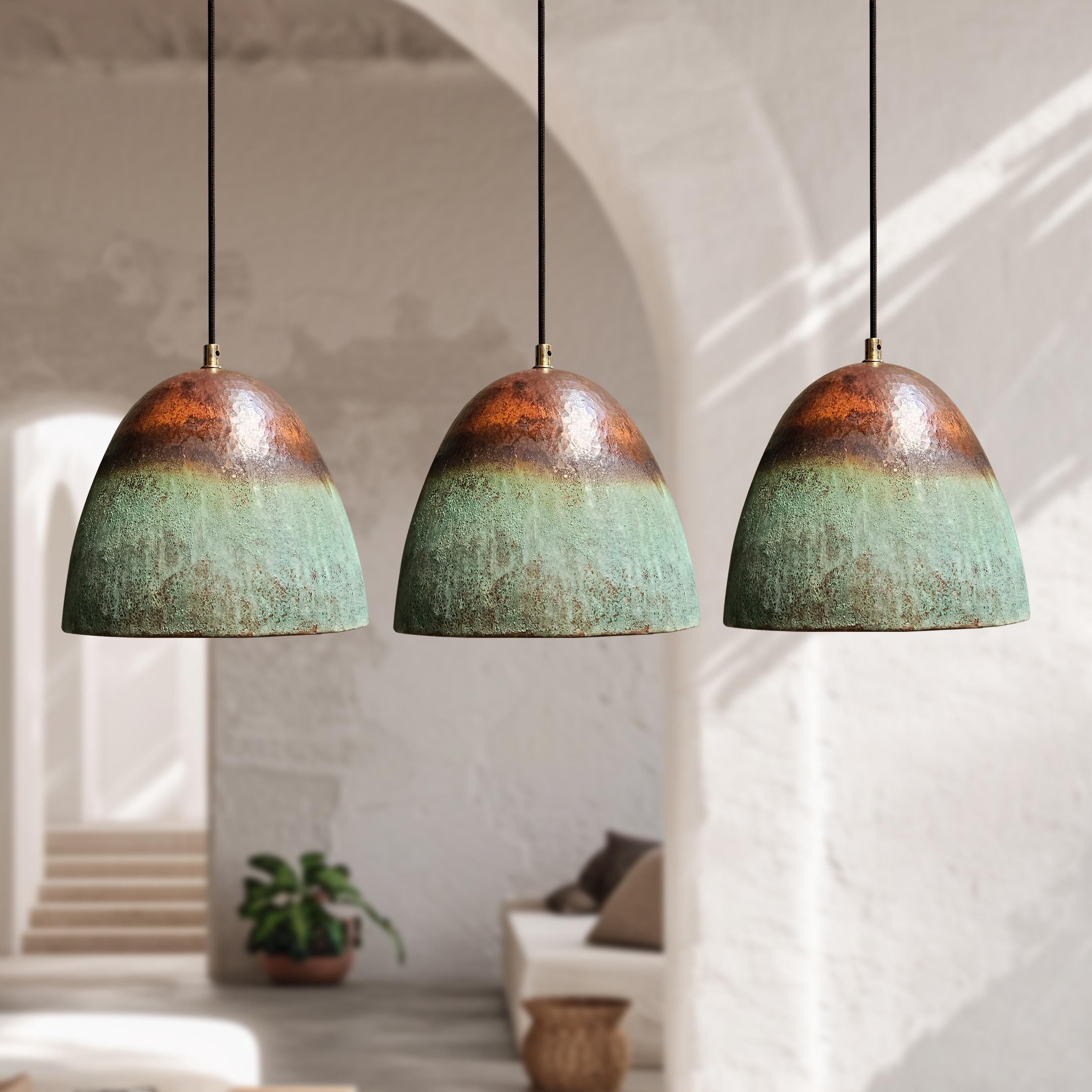 Set of 3 Oxidized Copper Pendant Lights – Green Patina Farmhouse Fixtures