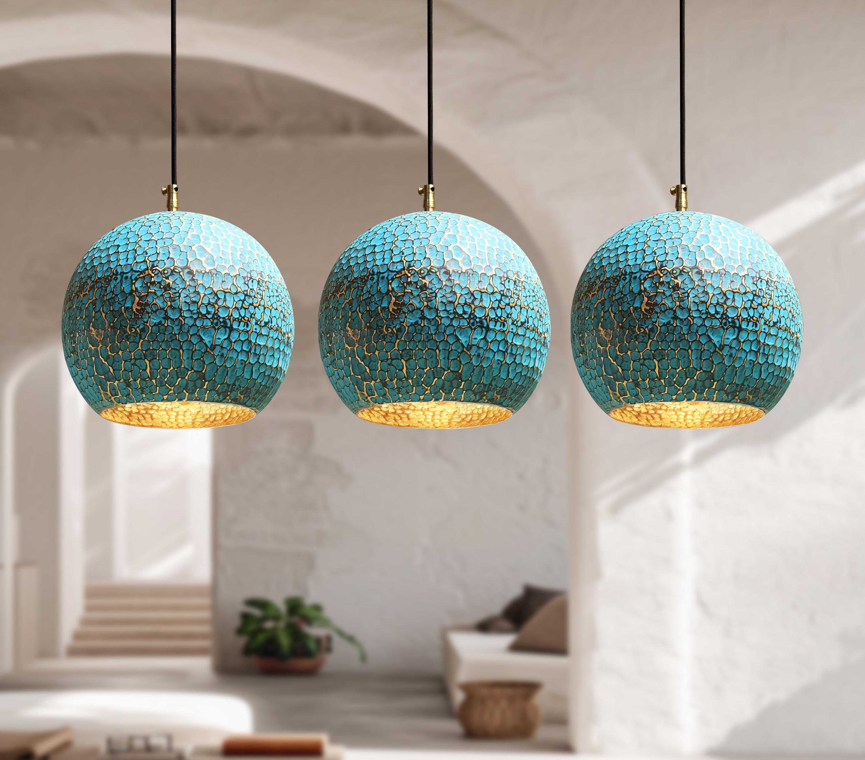 Set of 3 Blue Patina Brass Pendant Lights – Oxidized Dome Kitchen Fixtures