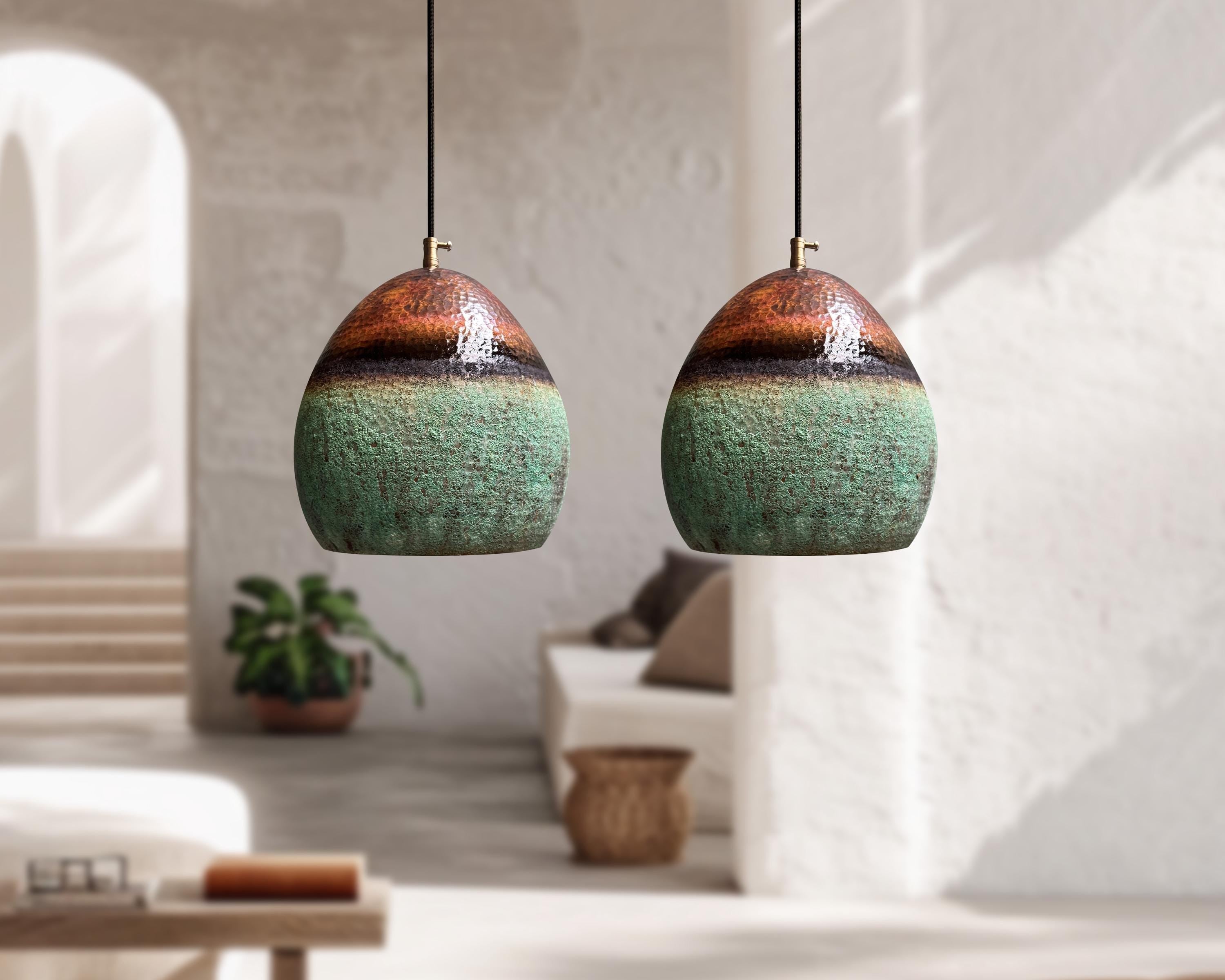 Set of 2 Copper Island Pendant Lights – Oxidized Dome Kitchen Ceiling Fixtures