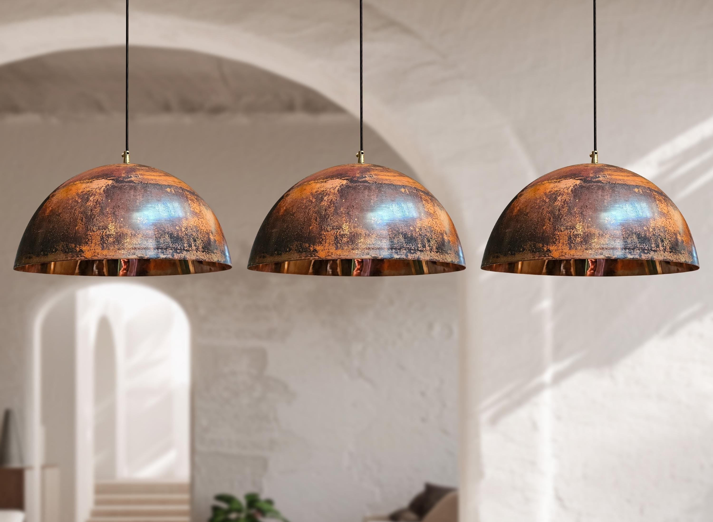 3 Copper Dome Pendant Lights – Oxidized Rustic Kitchen Ceiling Fixtures