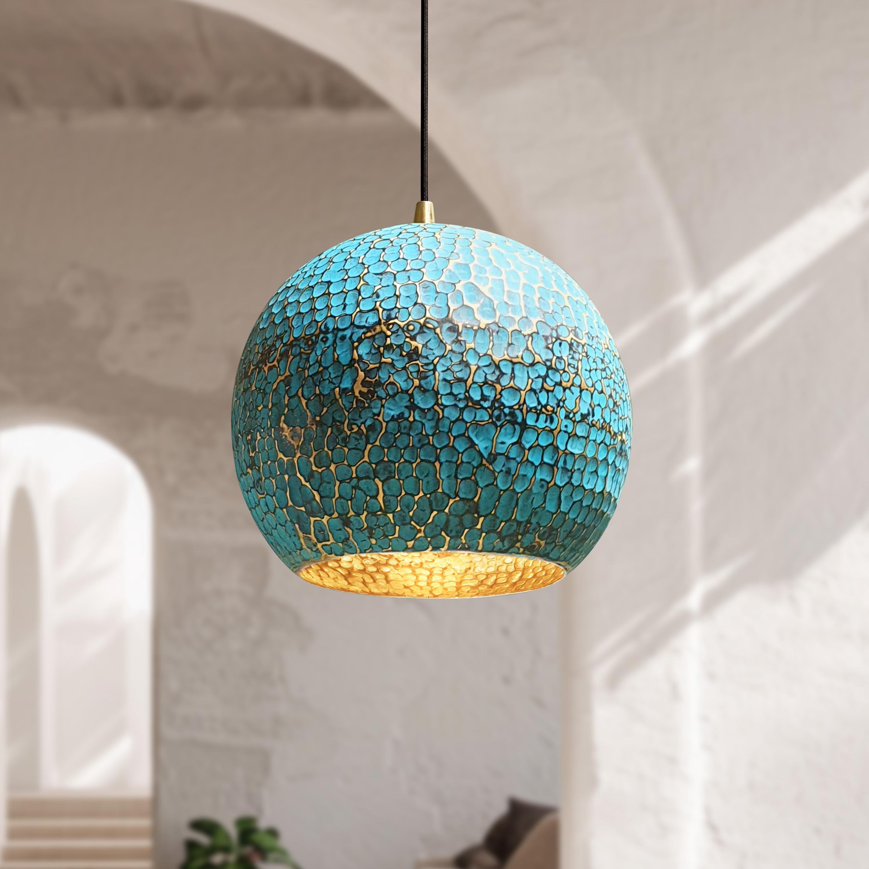 Set of 3 Blue Patina Brass Pendant Lights – Oxidized Dome Kitchen Fixtures