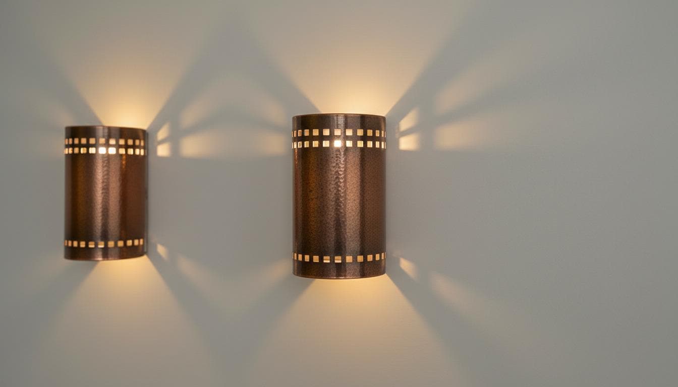 Two cylindrical wall sconces with a textured bronze finish and square cutout details, mounted on a light gray wall and casting warm light beams.