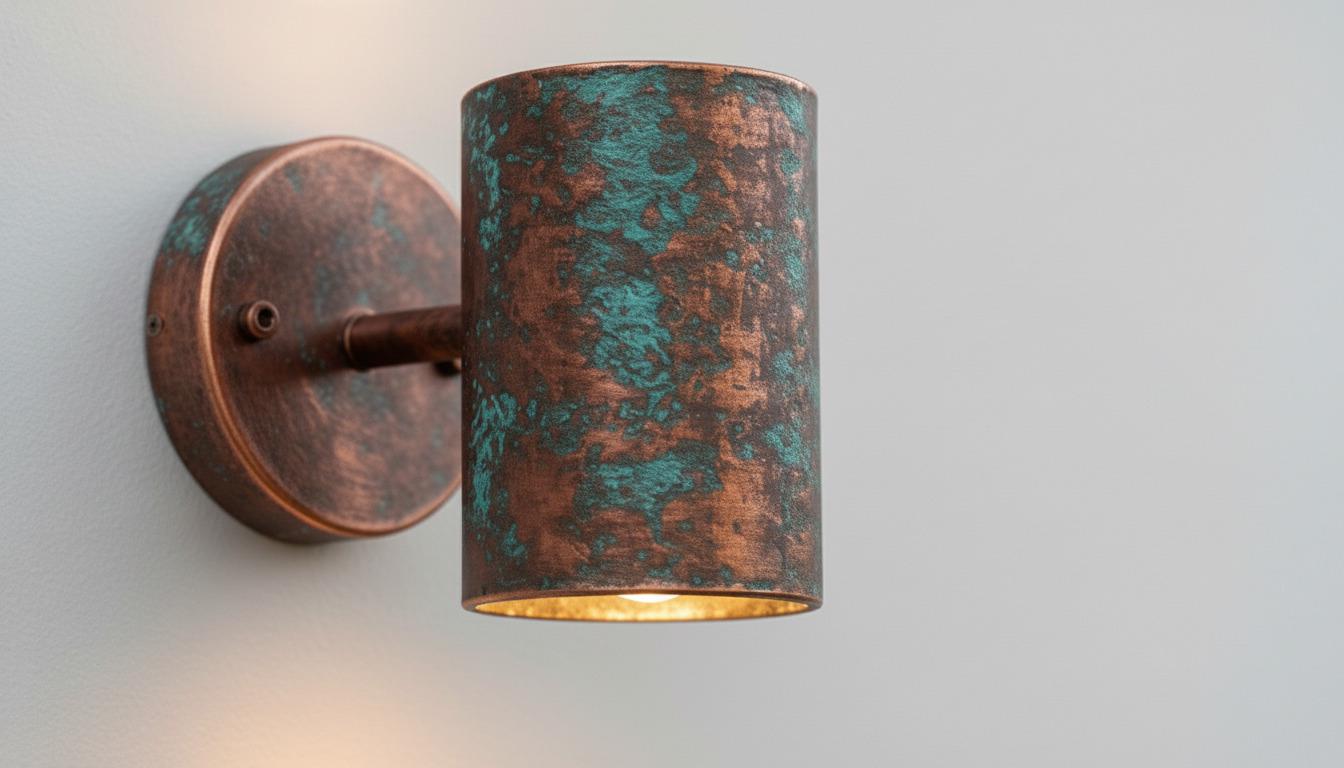 A cylindrical wall-mounted light fixture with a distressed copper and turquoise patina finish, casting a warm yellow light against a plain light gray wall.