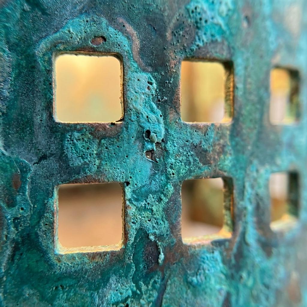 Close-up of a textured metal surface with a turquoise and green patina finish, featuring a grid pattern of square cutouts showing a warm blurred background.
