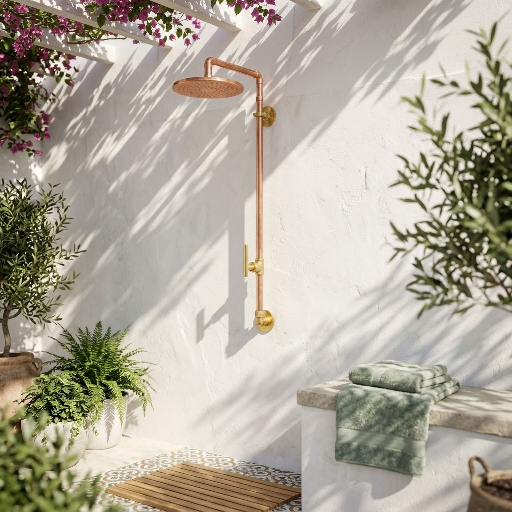 Outdoor Exposed Rain Shower System with Round Head - outdoor shower installation view 5