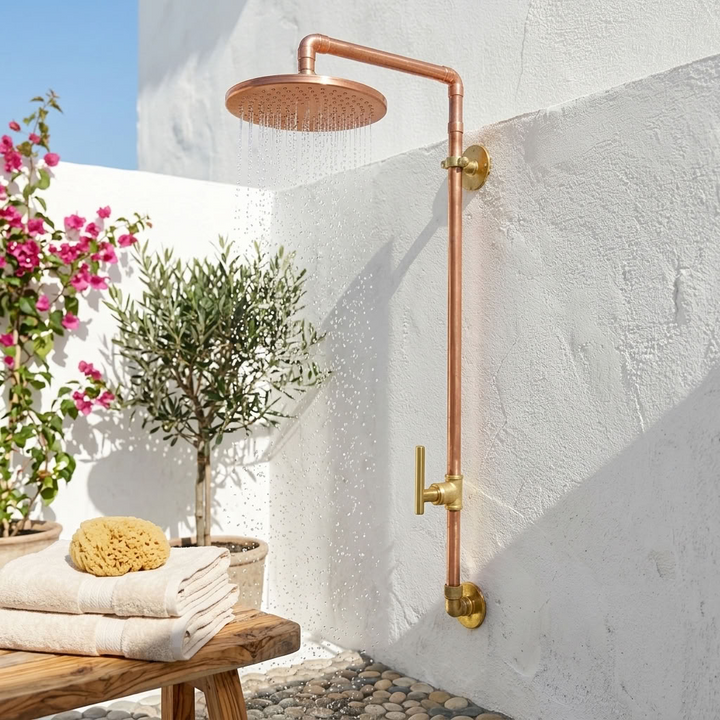 Outdoor Exposed Rain Shower System with Round Head - outdoor shower installation view 1