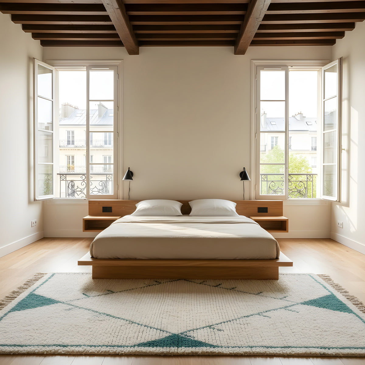 Fringe and edge detail on Ivory Aqua Diamond Beni Ourain Style Wool Rug