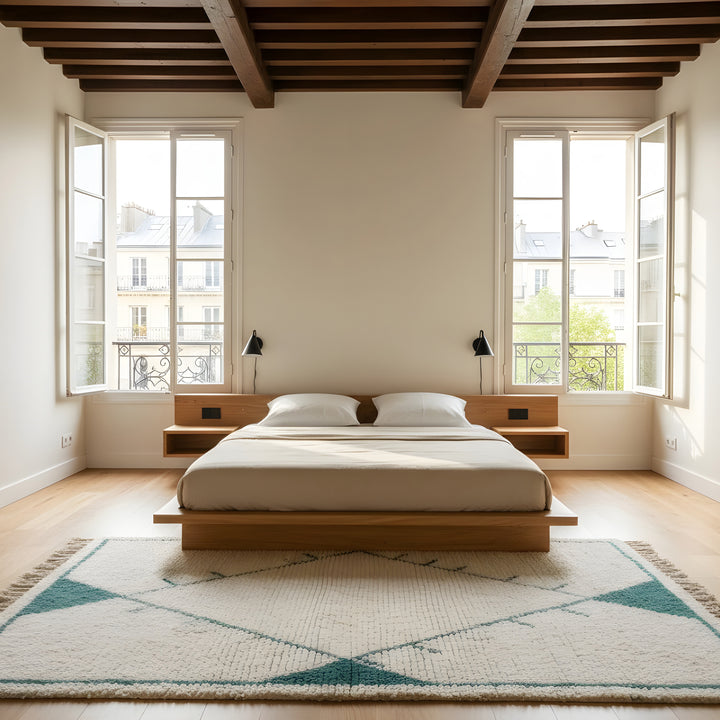 Fringe and edge detail on Ivory Aqua Diamond Beni Ourain Style Wool Rug