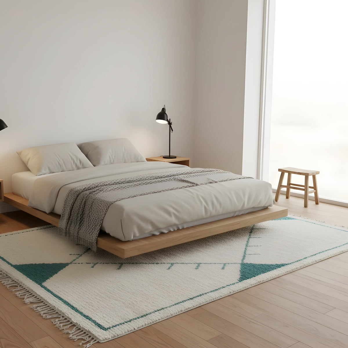 Ivory Aqua Diamond Beni Ourain Style Wool Rug styled in a modern interior