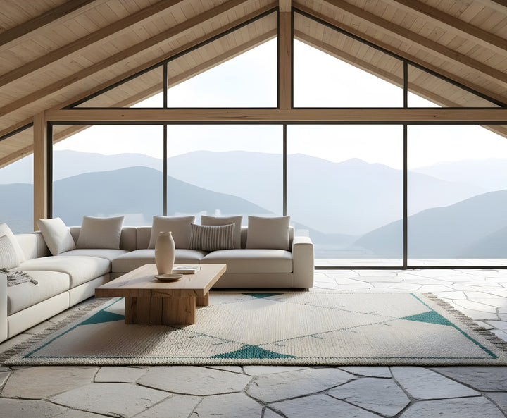 Handwoven wool texture of Ivory Aqua Diamond Beni Ourain Style Wool Rug