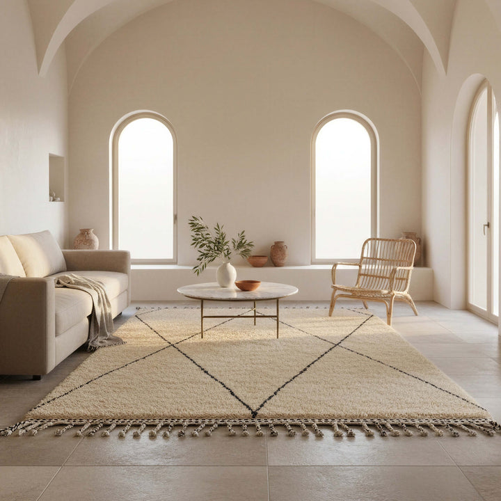 Fringe and edge detail on Ivory Black Diamond Wool Rug with Orange Tassels