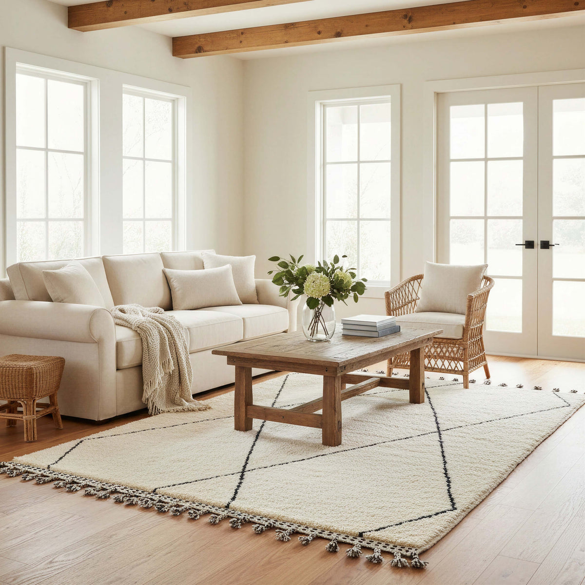 Full view of ivory black and orange diamond tassel Moroccan wool rug