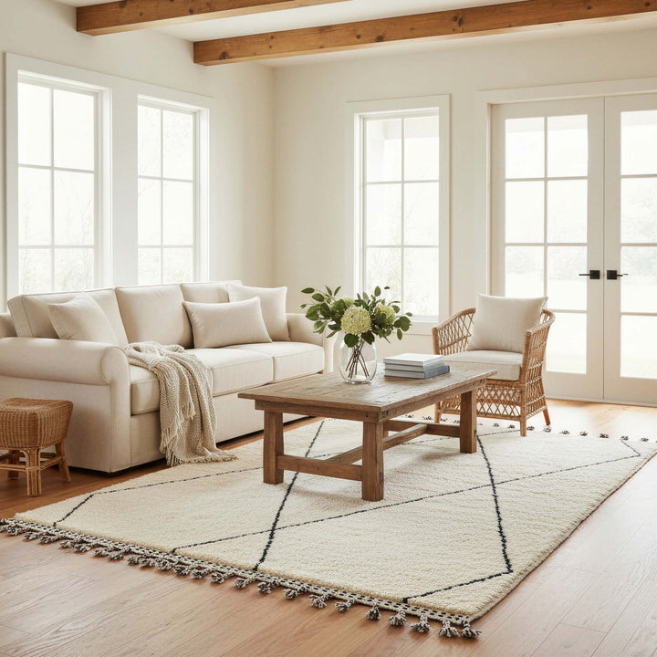 Full view of ivory black and orange diamond tassel Moroccan wool rug