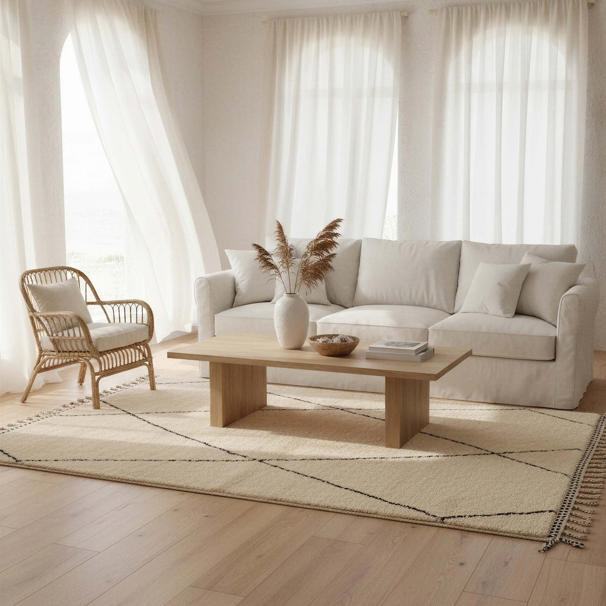 Ivory Black Diamond Wool Rug with Orange Tassels styled in a modern interior