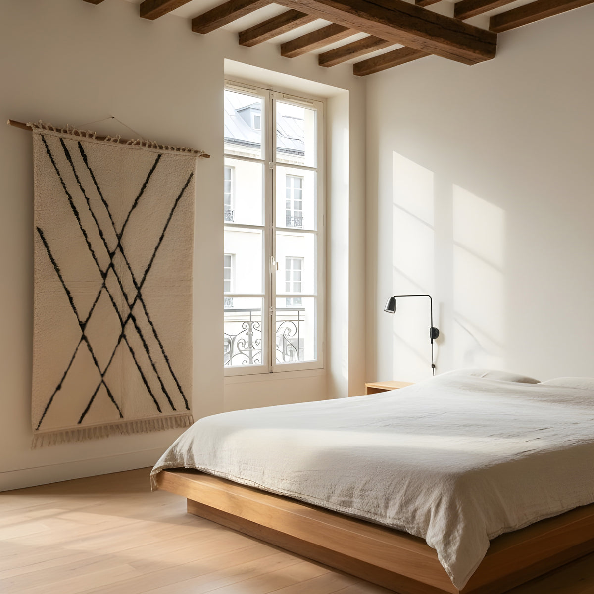 Fringe and edge detail on Ivory Black Linear Beni Ourain Style Wool Rug