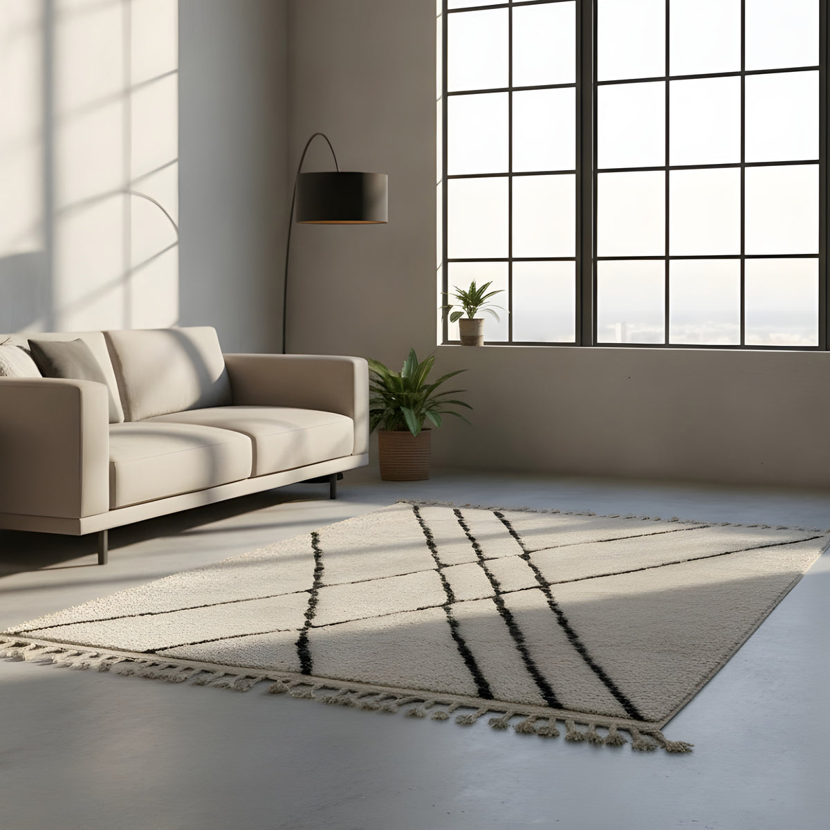 Full view of ivory and black linear geometric Moroccan wool rug