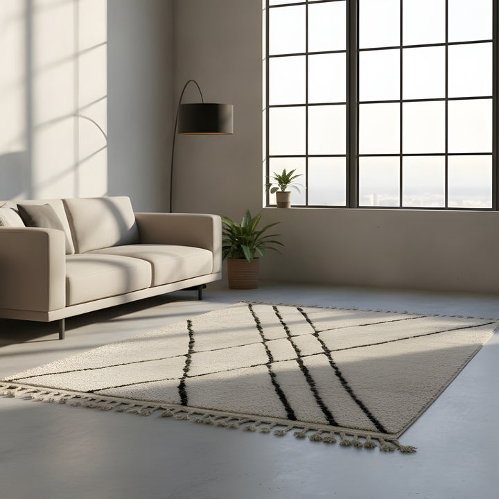 Full view of ivory and black linear geometric Moroccan wool rug