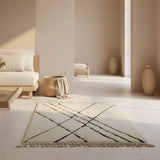 Ivory Black Linear Beni Ourain Style Wool Rug styled in a bright living room