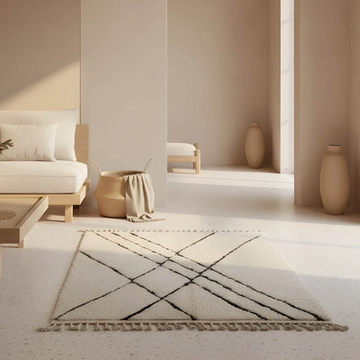 Ivory Black Linear Beni Ourain Style Wool Rug styled in a bright living room