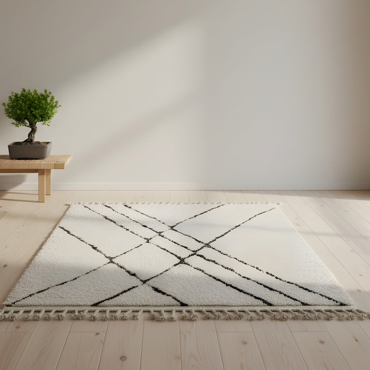 Handwoven wool texture of Ivory Black Linear Beni Ourain Style Wool Rug