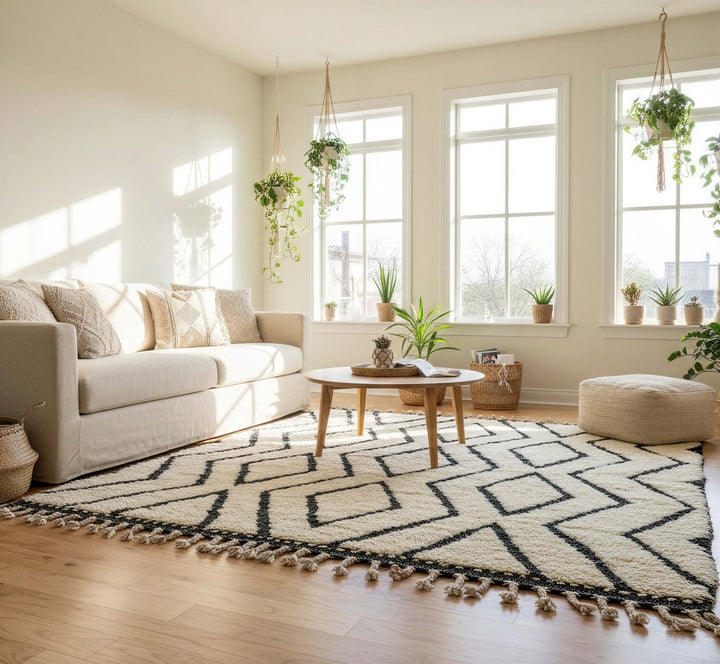 Alternative room view of Ivory Black Maze Geometric Moroccan Wool Rug