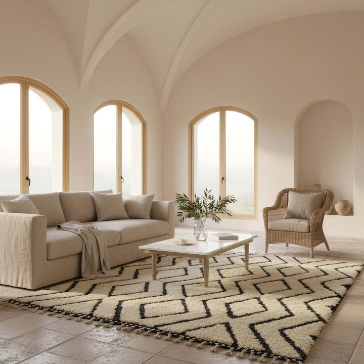 Finishing detail of Ivory Black Maze Geometric Moroccan Wool Rug