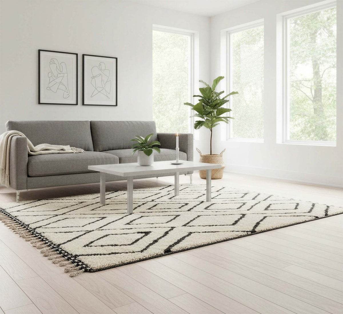 Full view of ivory and black maze geometric Moroccan wool rug